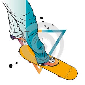 Stylish skater in jeans and sneakers. Skateboard. Vector illustration for a postcard or a poster, print for clothes.
