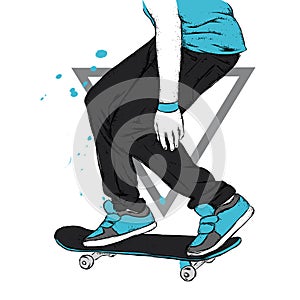 Stylish skater in jeans and sneakers. Skateboard. Vector illustration for a postcard or a poster, print for clothes.