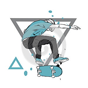 Stylish skater in jeans and sneakers. Skateboard. Vector illustration for a postcard or a poster, print for clothes.