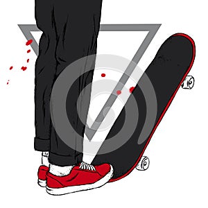 Stylish skater in jeans and sneakers. Skateboard. Vector illustration for a postcard or a poster, print for clothes.