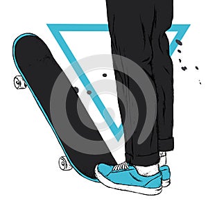 Stylish skater in jeans and sneakers. Skateboard. Vector illustration for a postcard or a poster, print for clothes.