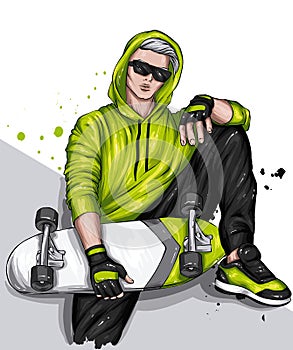 Stylish skater in jeans and sneakers. Skateboard. Vector illustration for a postcard or a poster, print for clothes.