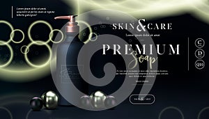Stylish skin care cosmetics body lotion, washing gel or cleancer in black gold bottle with pump. Liquid soap packaging
