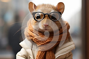 Stylish small rodent dons glasses, scarf, mimicking mannequins allure