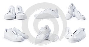 Stylish sneakers isolated on white background. Set of white sport shoes