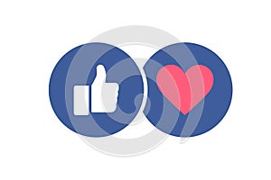 Stylish social media icons - Like and heart. Thumb up and red heart in blue cyrcles. Vector illustration photo