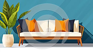 Stylish sofa with pillows and plant isolated