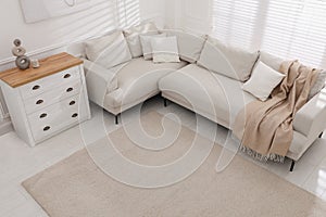 Stylish soft carpet on floor in living room, above view