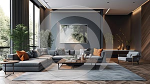 The Stylish Spacious Luxury Interior Design of Living Room with Design Gray Sofa, Coffee Table, Decoration, Pillows in Modern Home