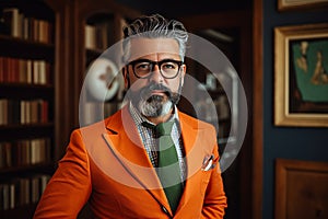 Stylish spanish man exudes charm in vibrant studio, dressed smartly with trendy glasses, aged 34 photo