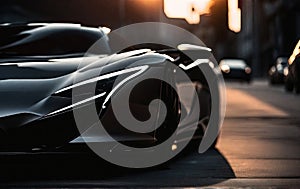 Stylish sports car on the road, on the blurred background of the city