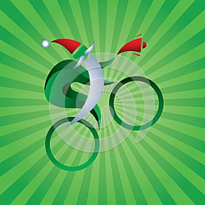 Stylish sports Santa Claus rides a bicycle with a bell. Christmas 3D Sign. Abstract. Vector. Icon