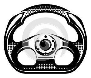 Stylish sports steering wheel. Element, template for design. Vector monochrome image