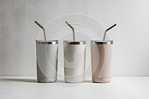 Stylish stainless steel tumblers with straws in varying heights, ideal for sipping photo