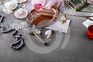 Stylish still life with rose water