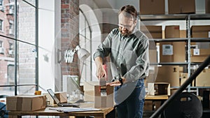 Stylish Storeroom Worker Preparing a Small Parcel for Postage. Inventory Manager Taping a Cardboard