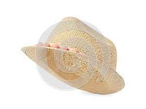 Stylish straw hat isolated on white. Fashionable accessory
