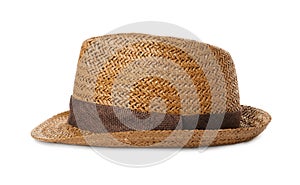 Stylish straw hat isolated on white. Fashionable accessory