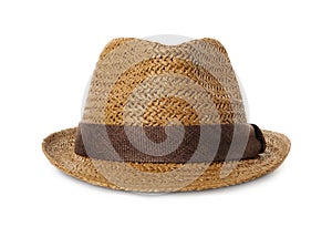 Stylish straw hat on white. Fashionable accessory