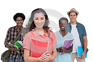 Stylish students smiling at camera together