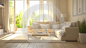 Stylish studio apartment interior with comfortable beige sofa. Generative Ai