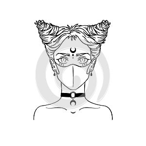 Stylish subcultural girl with choker wearing medical mask. Coronavirus pandemic concept.Monochrome vector illustration