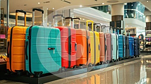 Stylish suitcases on color background. Packed travel colorful suitcases. Many multi colored big suitcases or luggage.