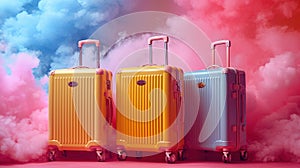 Stylish suitcases on color background. Space for text. the concept of travel