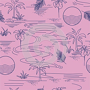 Stylish Summer blue line modern minimal island tropical mood seamless pattern on vector design for fashion,fabric,web,wallpaper,