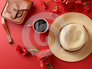 Stylish Summer Essentials Straw Hat, Coffee, and Leather Bag Amidst Vibrant Red Floral Arrangement on Red Background Perfect for
