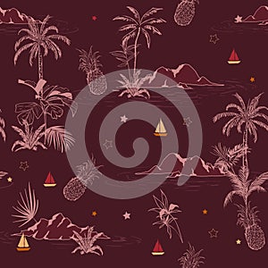 Stylish summer island tropical seamless pattern on dark maroon