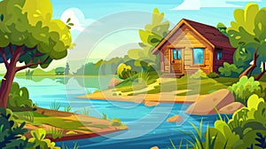 Stylish summer landscape with wooden cabin on tilts, green trees, bushes, and blue pond in forest with cute cozy house