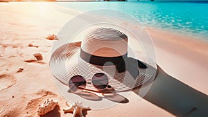 Stylish sun hat and sunglasses on exotic beach, perfect for travel or vacation marketing. Generated AI