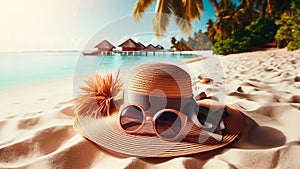 Stylish sun hat and sunglasses on exotic beach, perfect for travel or vacation marketing. Generated AI