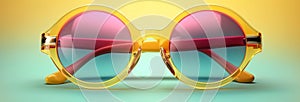 Stylish sunglasses with yellow transparent frame and colorful purple reflection in lenses over gradient vibrant background.