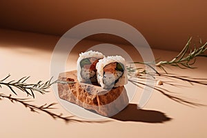 Stylish sushi set on brick and beige background, created with Generative AI Technology