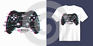 Stylish t-shirt and apparel trendy design with glitchy gamepad, photo