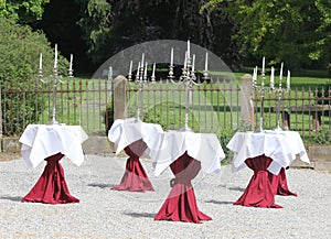 Stylish table decoration with candlestick in front of the castle park with an old fence photo