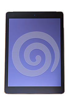 Stylish tablet PC computer with black frame and blank blue scree photo