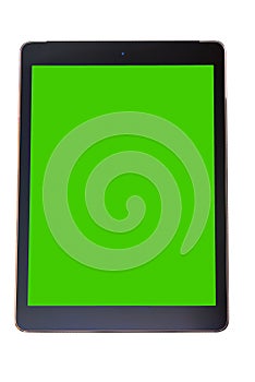 Stylish tablet PC computer with black frame and blank green scre photo