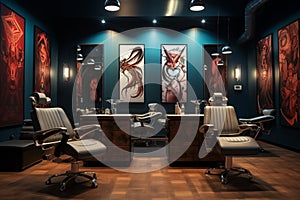 A stylish tattoo parlor with a 3D tattoo art wall,