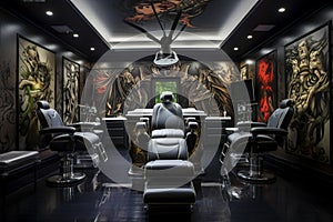 A stylish tattoo parlor with a 3D tattoo art wall,