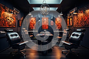 A stylish tattoo parlor with a 3D tattoo art wall, set against comfortable leather