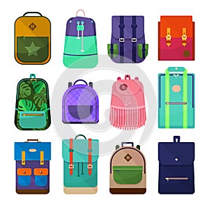 Stylish teenager school backpacks set. Colored Backpacks clip art isolated on white background.