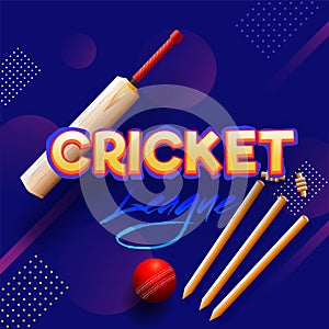 Stylish text of Cricket League with bat, ball and wicket stumps.