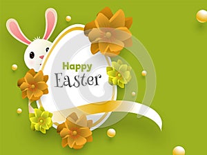 Stylish text of Happy Easter decorated with realistic flowers and egg and cute bunny on green shiny background.