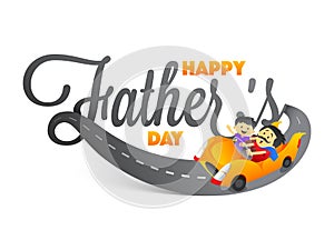 Stylish text Happy Father`s Day with father and son duo riding a