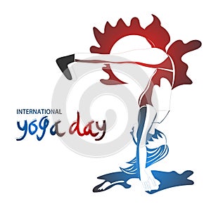 Stylish text of `Yoga Day` with Silhouette of a woman in Yoga Posture.