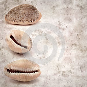 Stylish textured old paper background with small brown Cowrie shell