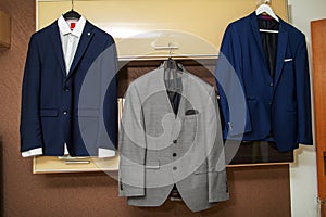 Stylish three-piece suit. Men& x27;s jacket on a mannequin. Men& x27;s Clothing
